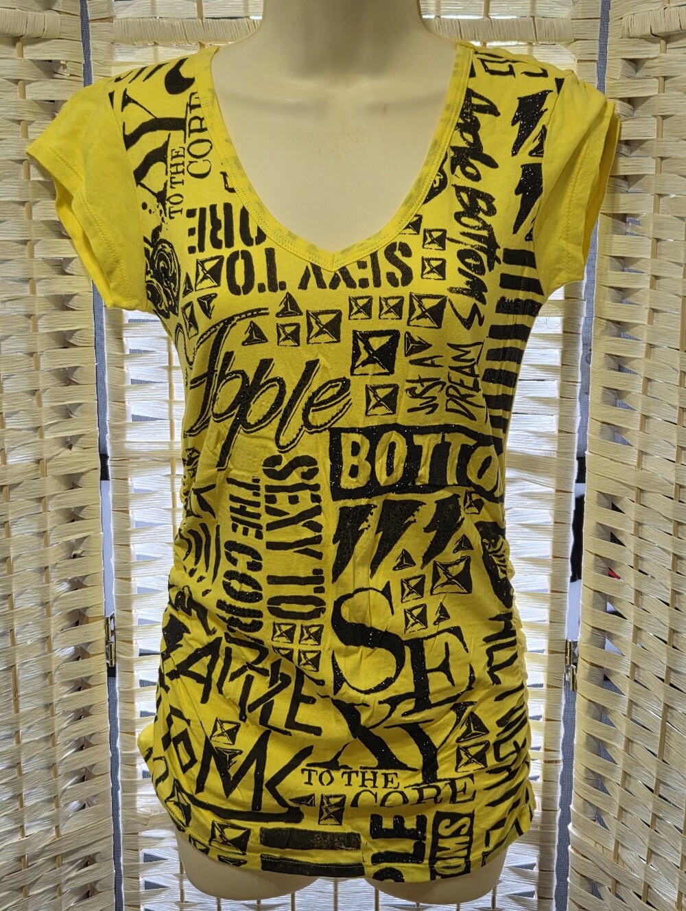 Apple Bottom Yellow Graphic V-Neck Women's Tee Slim Fit
